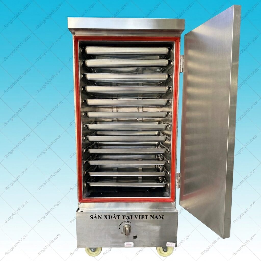 Tủ hấp đa năng hấp cơm, ngô, khoai, bột mỳ, thịt, hải sản dùng gas 12 khay 3 Bên trong tủ 12 khay gas