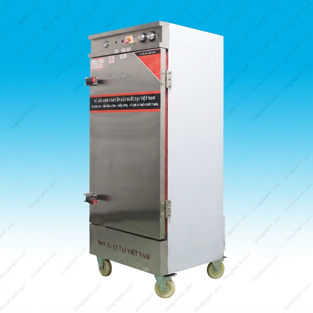 Tủ nấu cơm điện có hẹn giờ tự tắt 12 khay 5 Thiết kế hiện đại với bánh xe chịu lực, dễ dàng di chuyển và vệ sinh trong không gian bếp.