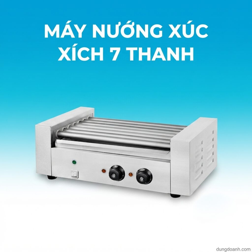 Máy nướng xúc xích 7 thanh 1.4kW 1 Đây là mô hình giúp bạn nhanh thu hồi vốn nhất vì máy nướng xúc xích tiêu thụ điện khá tiết kiệm (1.4 kW, khi đủ nhiệt máy sẽ tự ngắt) và vận hành hoàn toàn tự động