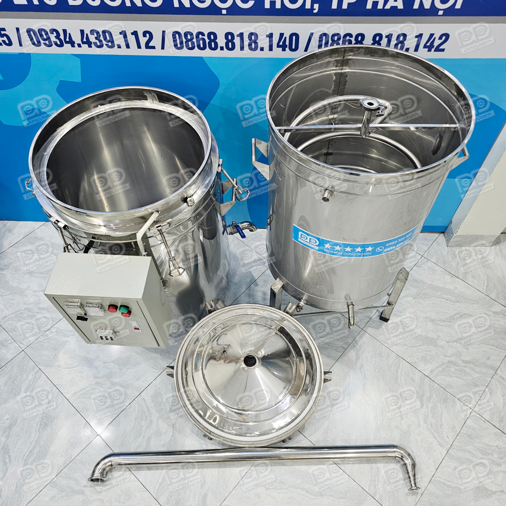 Nồi Chưng Cất Nhiệt Dầu 150 Lít Hẹn Giờ Chỉnh Nhiệt 6 Thùng làm lạnh đi kèm có dung tích lên tới 250 lít giúp ngưng tụ nhanh